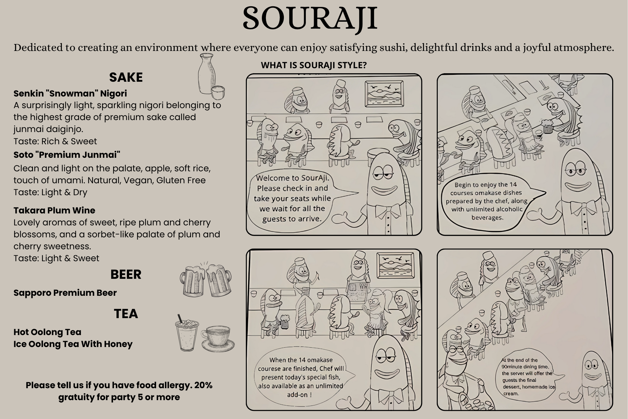 The printed SourAji drinks menu listing Senkin Snowman Nigori, Soto Premium Junmai, Takara plum wine, Sapporo beer and oolong tea, alongside four illustrated panels explaining the SourAji dining format